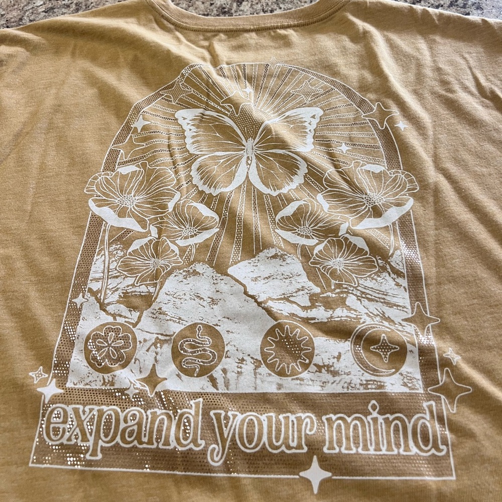 NWT Lucky Brand Gold Tan butterfly nature floral SOFT Tee shirt XL